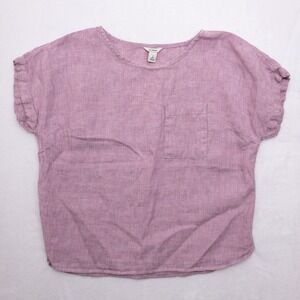 LL Bean 100 Linen Top Womens Small Petite Purple Relaxed Fit Short Sleeve Pocket